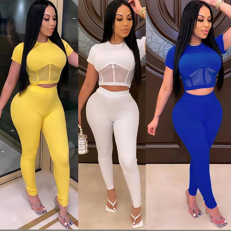 

A new popular and trendy women's wear from Europe and America, featuring solid-color striped fabric and mesh fabric casual suits