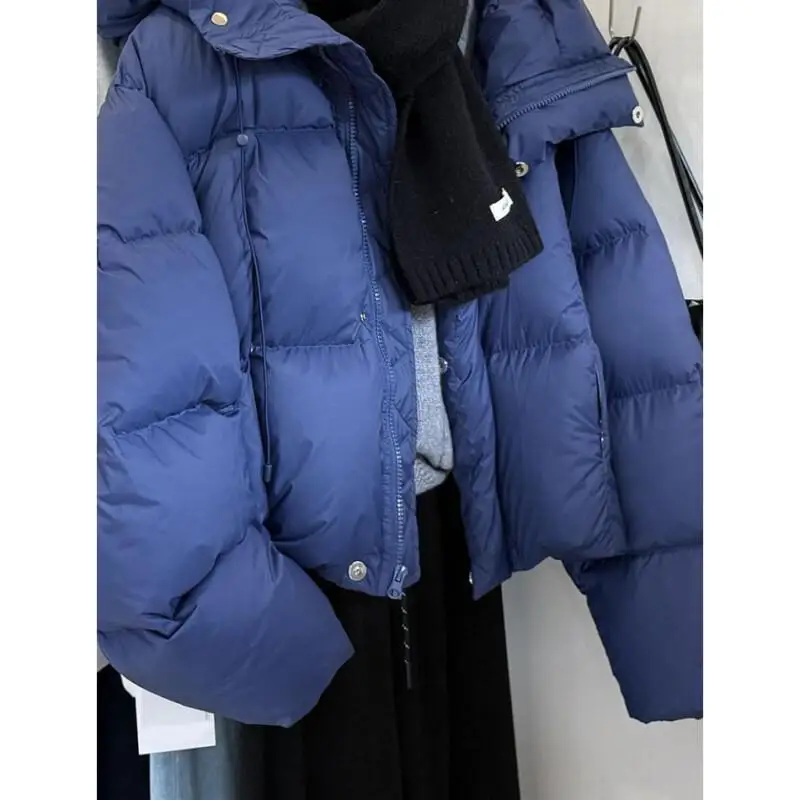 

Осенне-зимнее синее короткое хлопковое пальто с капюшоном для женщин, новая корейская модная теплая куртка-пуховик, плотное пальто, повседневная одежда