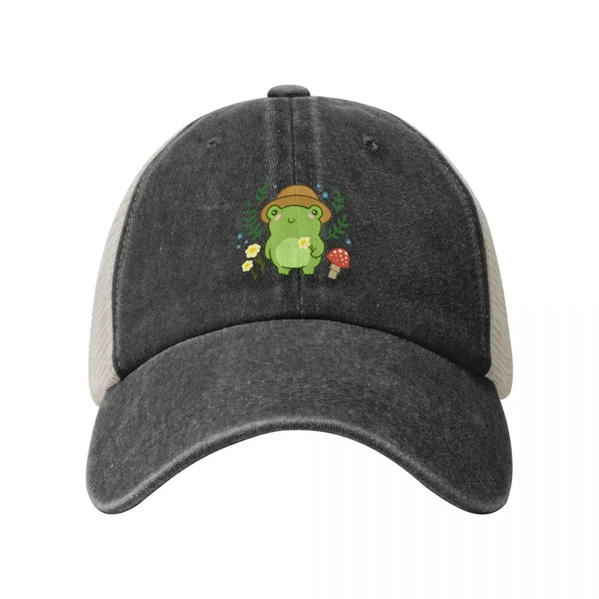 Kawaii Aesthetic Green Frog with Gardener Hat: Funny Cottagecore Froggy, Nature Illustration with Mushr Cowboy Mesh Baseball Cap