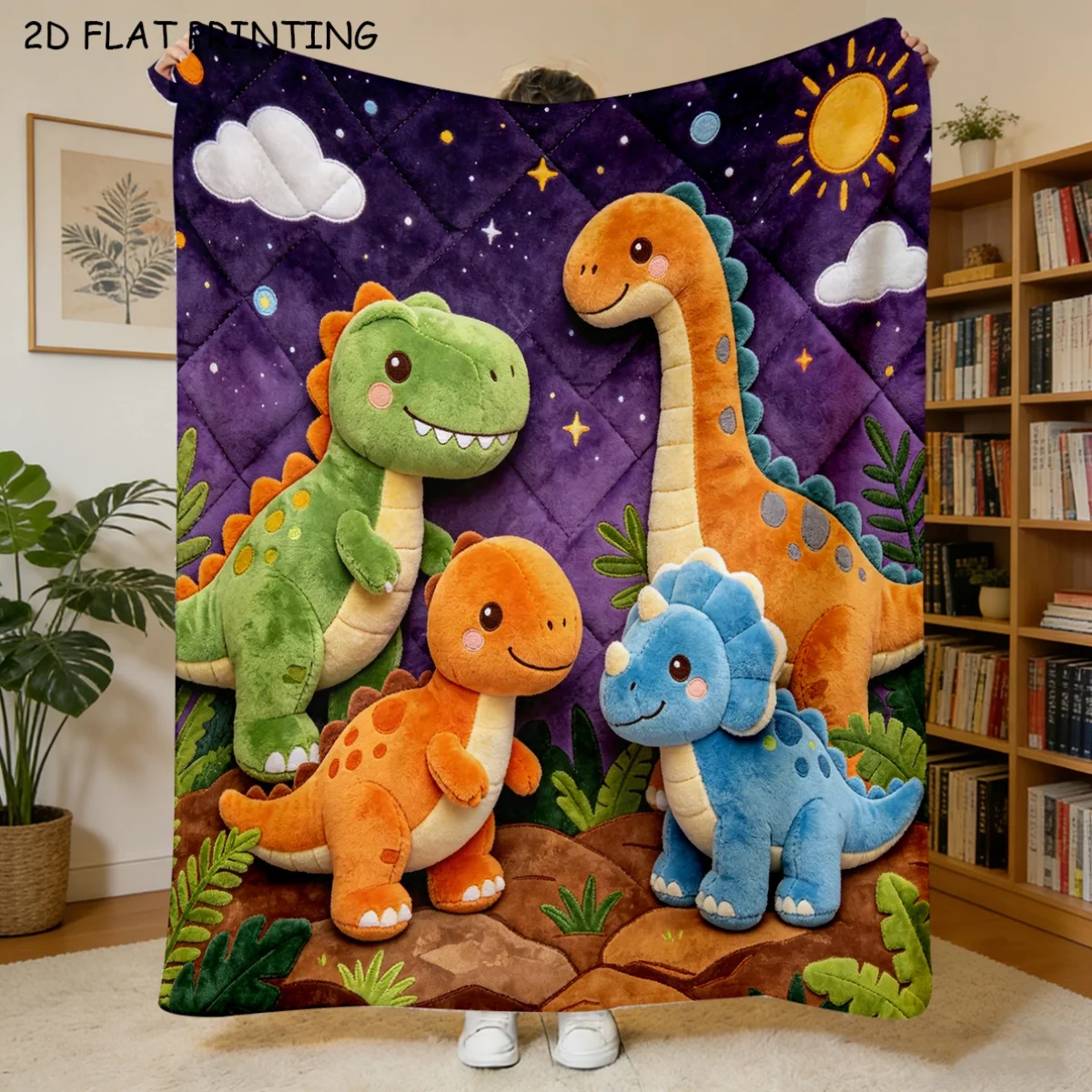 1pc Deep Purple Starry Sky Simulated Plush Dinosaur Flannel Blanket with 2D Flat Printed 3D Doll Tyrannosaurus Rex Triceratops T