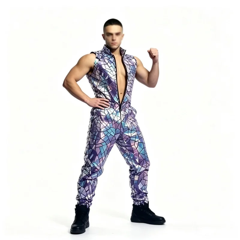 Men's Purpre Fashion Hip Hop Performance Jumpsuit Laser Sequin Future Tech Dancewear for Singers Dancers Team Bar Show Stage