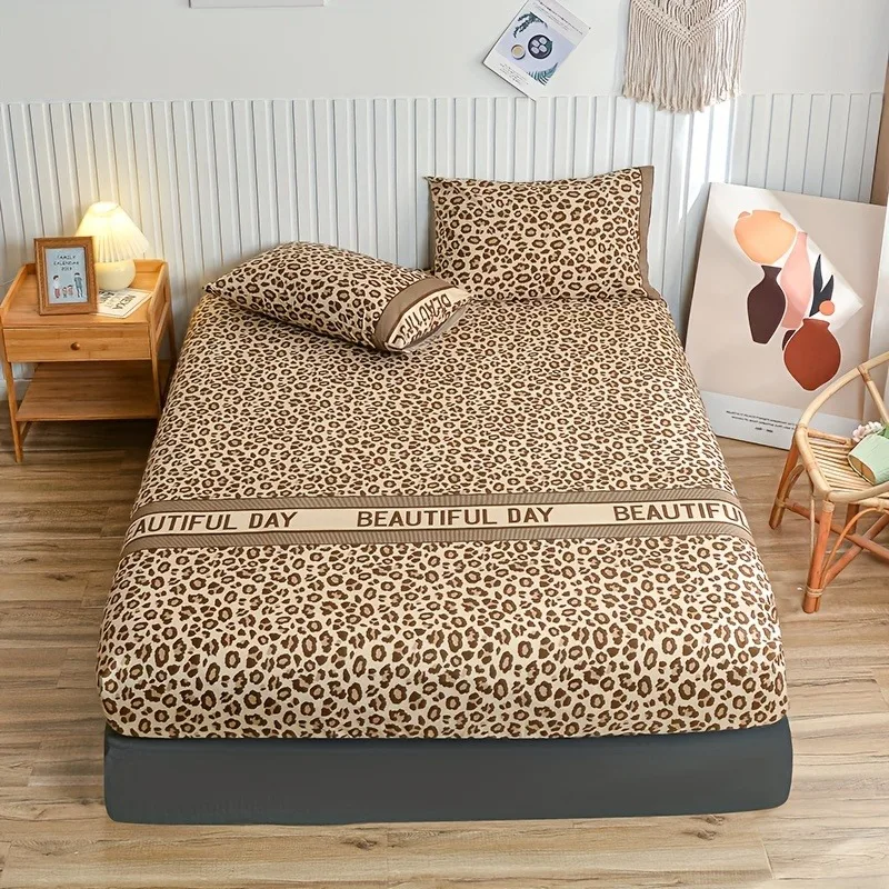 Vintage Leopard Print Fitted Sheet Set BEAUTIFUL DAY Letter Border Microfiber Bed Mattress Cover With Pillowcases Bedroom Decor