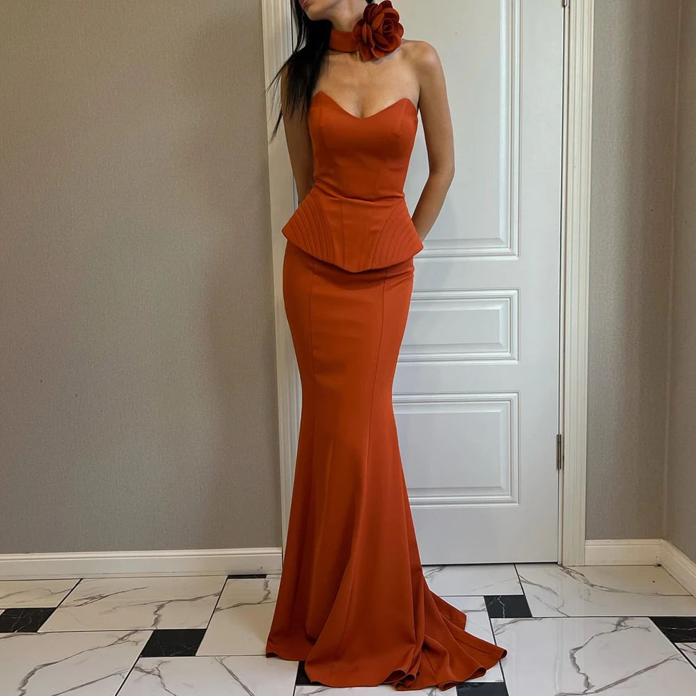 

Customized Mermaid Evening Dresses Floor-length Strapless Sleeveless Prom Gown Fashion Flowers Simple Draped Backless Party Gown