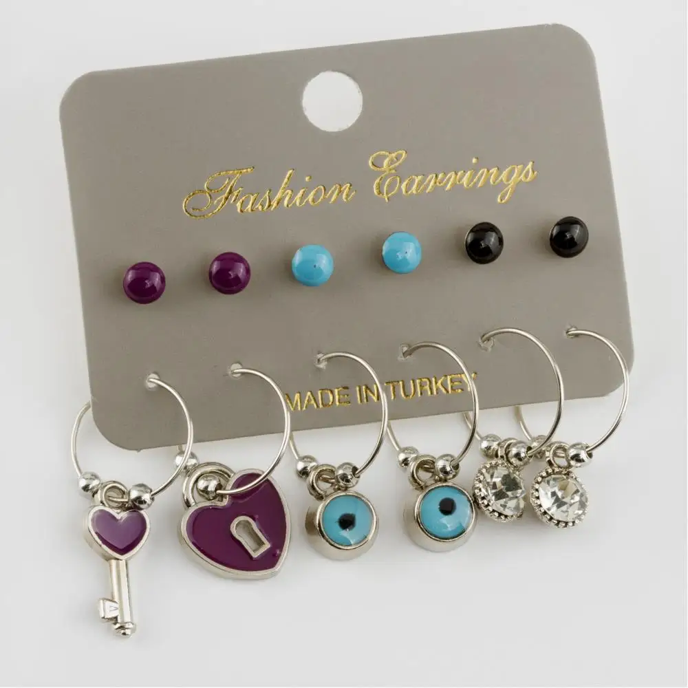 12'li Heart Lock Figured Cabochons Ring Earrings