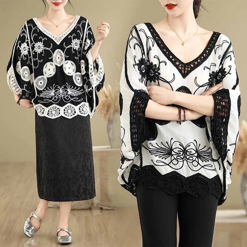 

Новая летняя тонкая футболка «летучая мышь» размера плюс, повседневный свободный винтажный топ большого размера с вышивкой, женский модный топ