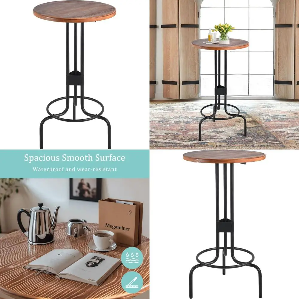 

41.42 Rustic Brown Round Wooden Top Bar Table, Industrial Metal Base, Suitable for Dining, Kitchen, or Bar