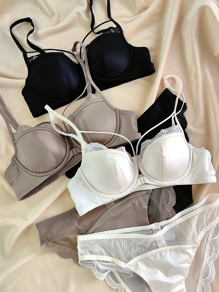 Front buckle sexy thin section has steel ring lingerie female light luxury satin underwear gathered temptation bra set