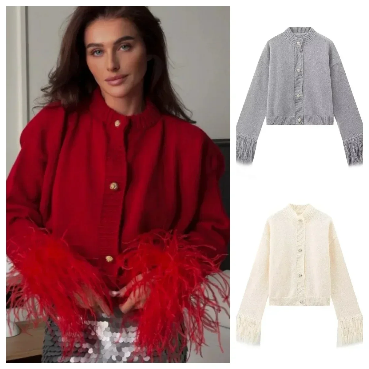 

Кардиган в стиле пэчворк с перьями, женский вязаный модный однобортный водолазка, свободный топ с длинными рукавами, свитера для вечеринки, повседневное шикарное пальто