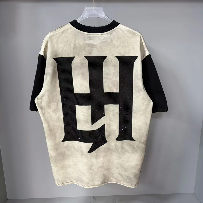 Stain Splice Color Life Hustlers Embroidery Rhinestone T Shirt Men Women Portrait Print Tee Hip Hop Cut Hole Washed Short Sleeve