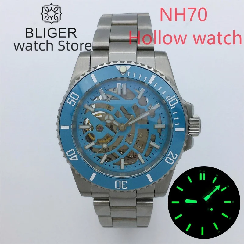 

BLIGER 40mm NH70 Movement Skeletonized Tiffany blue dial AR coated sapphire luminous 904L bracelet men's watch Reloj Hombre