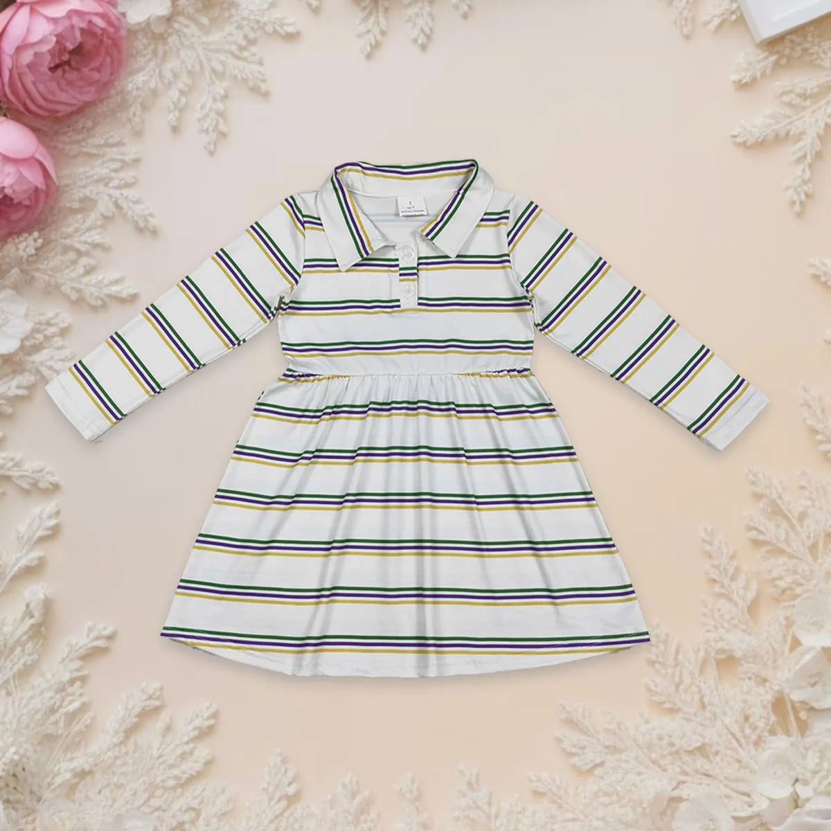 

Бутиковое платье для маленьких девочек, одежда для Марди Гра с длинными рукавами, полосатые пуговицы, милые платья принцессы до колена для малышей, детский комплект