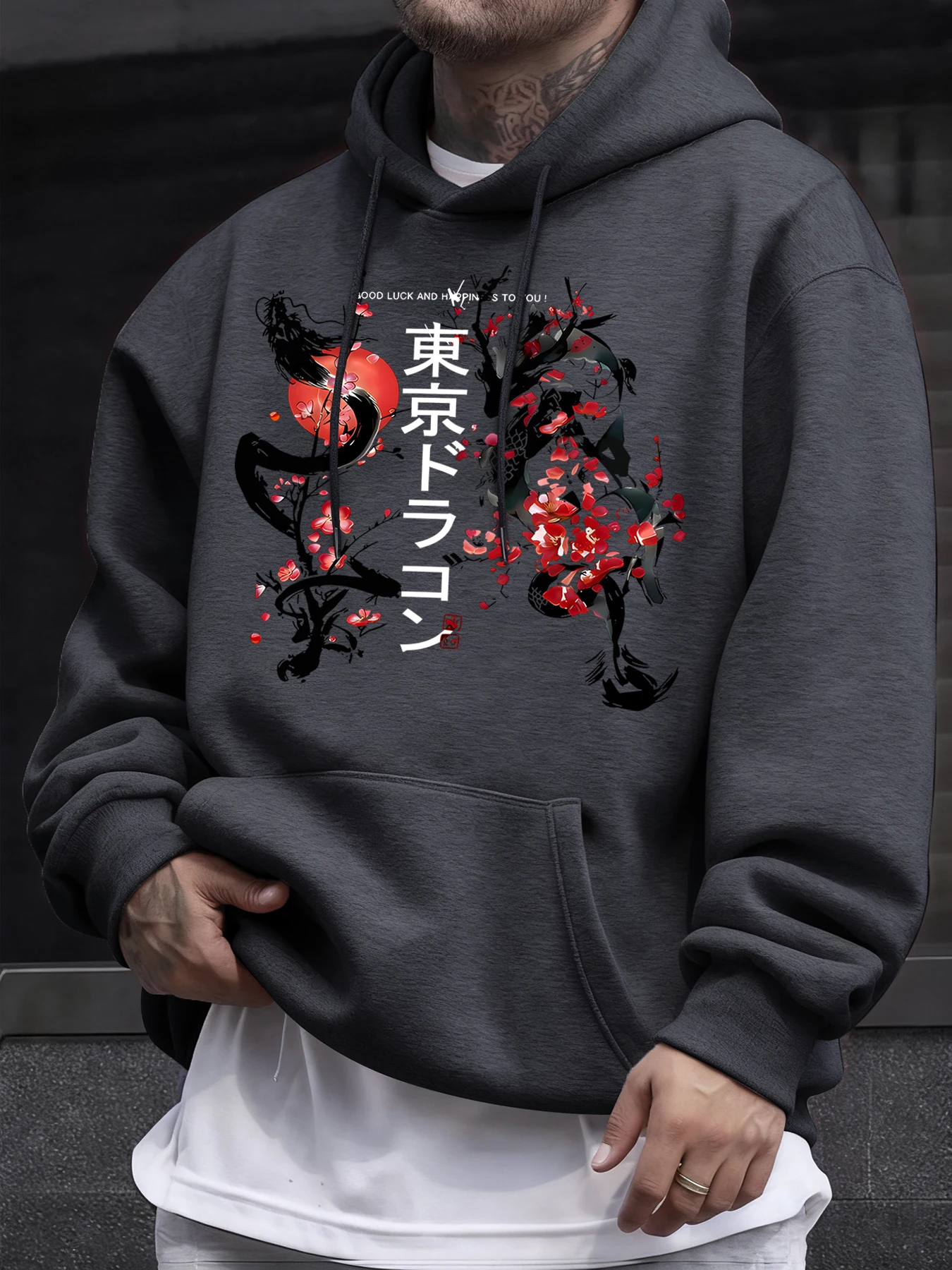 

Мужские осенние теплые флисовые толстовки с креативным принтом Tokyo Sakura Dragon, свободные, мягкие, с длинными рукавами, унисекс, модная базовая одежда, молодежные топы