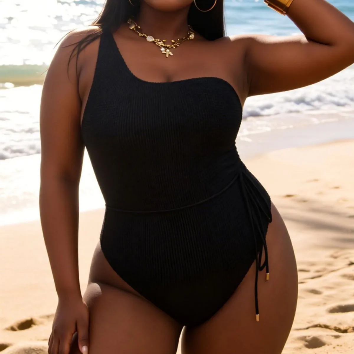 Plus Size Women One Piece Swimsuit Solid One Shoulder Waist Tie Design Slim Fit Retro Elegant Beach Bathing Suit For Ladies