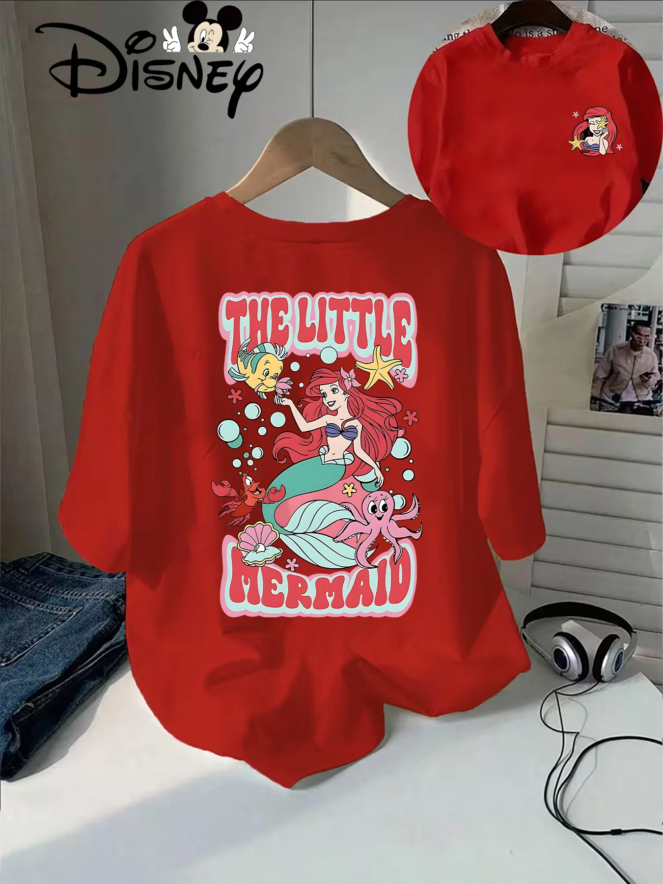Camiseta con estampado de Ariel de la Sirenita de Disney, camiseta informal roja de manga corta de doble cara con Flounder Sebastian