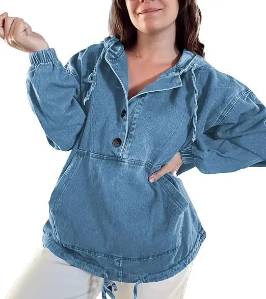 

Denim Top Women Hooded Full Sleeve Y2k Streetwear Washed Elegant Pocket Single Breasted Drawstring Casual Work Loose 2026 Summer