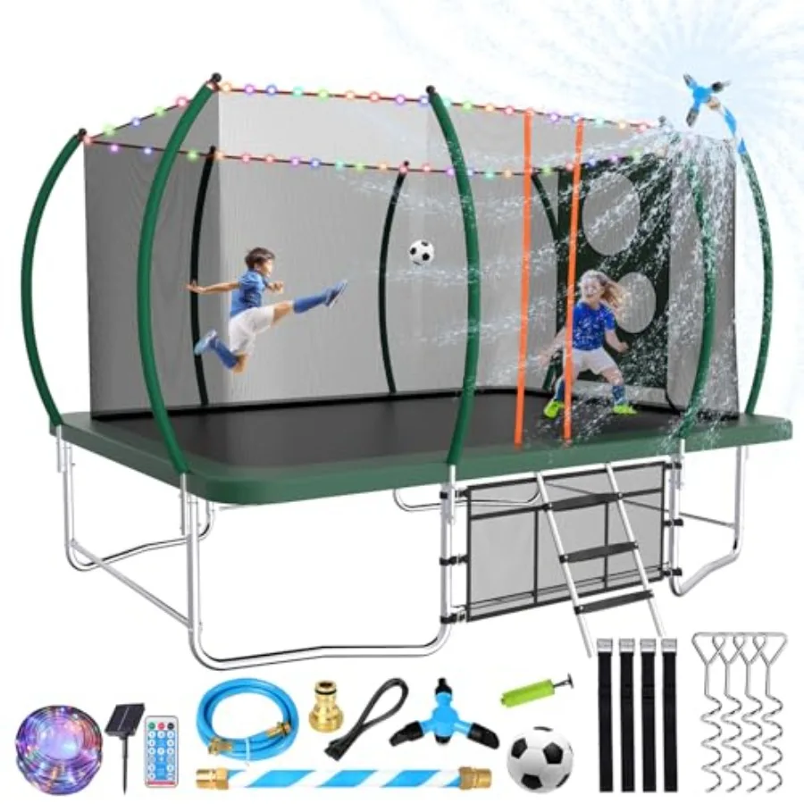 Outdoor rectangle trampoline for kids and adults 14FT 16FT curved poles pumpkin color lightweight includes sprinkler soccer gam