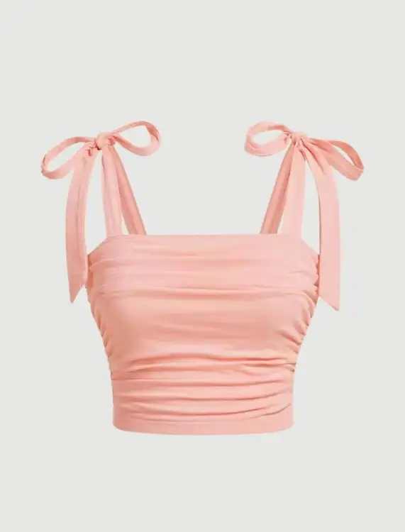 

Sweet Pink Bow Tie with Pleated Crop Top, Slim Fit Short Camisole Top for Women