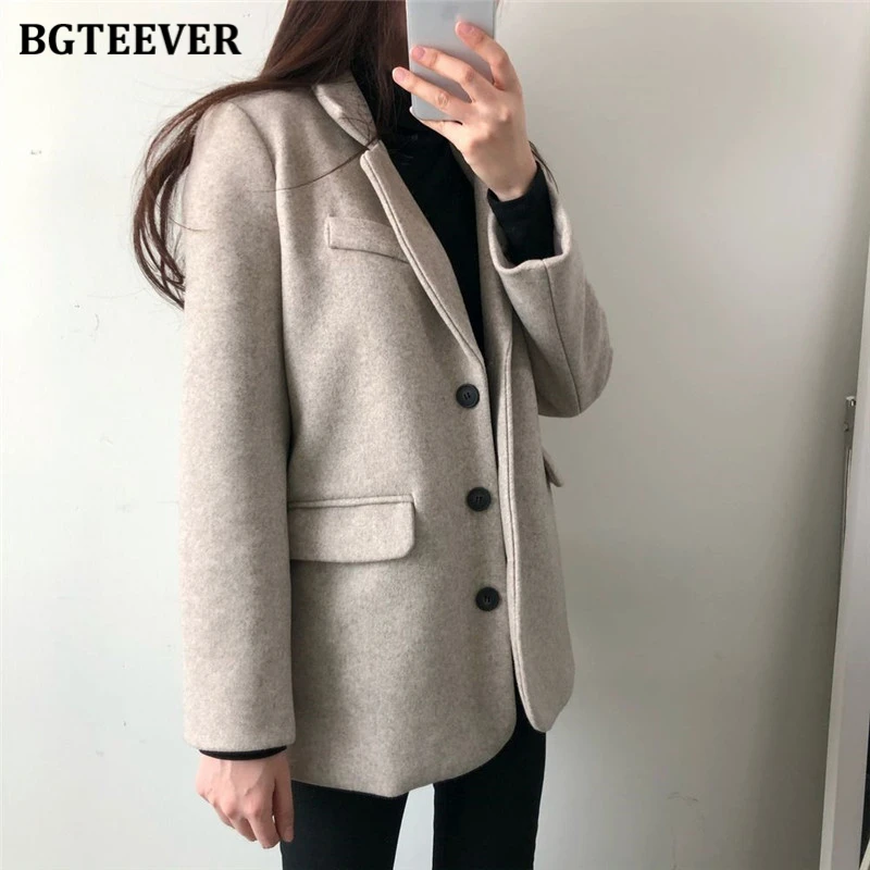 BGTEEVER-Chaqueta holgada de lana para mujer, chaqueta elegante y cálida de manga larga con bolsillos, Otoño e Invierno