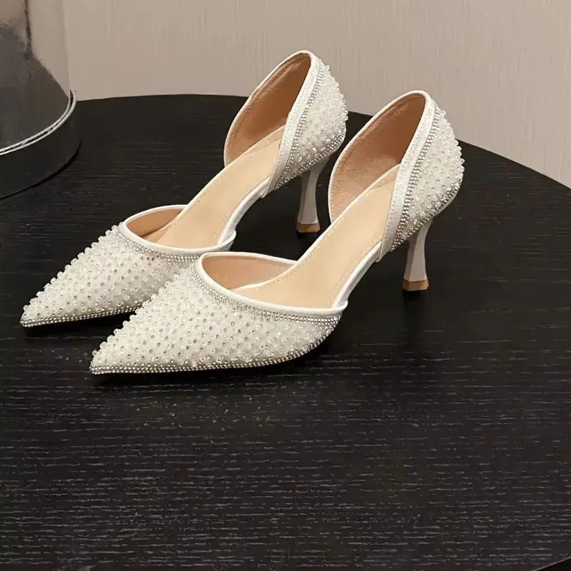

Summer Elegant Sandals Woman Crystals Pointed Toe Pumps 7cm Low Heels Party Prom Banquet Slingback Female Shoes Zapatos De Mujer