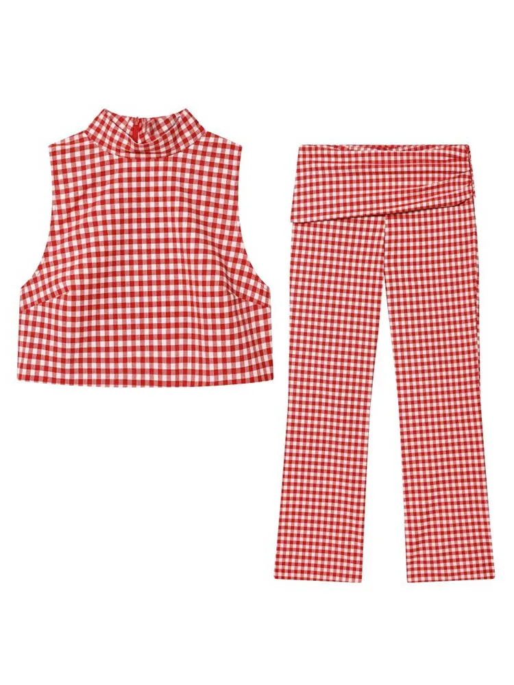 

Женские летние комплекты из 2 предметов 2026: модные клетчатые укороченные блузки и прямые брюки, элегантные уличные костюмы для женщин