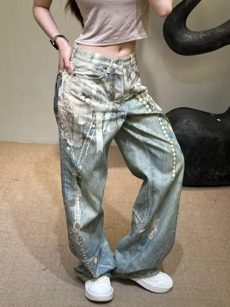 

autumn early-season new product three-dimensional lace pearl heavy-duty print curved knife-shaped straight-leg denim pants Y2K