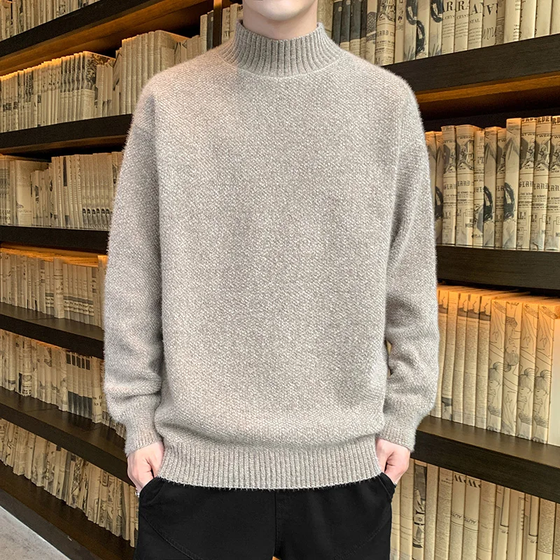 

Autumn New Men's Mock Neck Sweater Pullover Solid Color Warm Fashion Half Turtleneck Sweaters Men Casual Knitted Pullovers Full