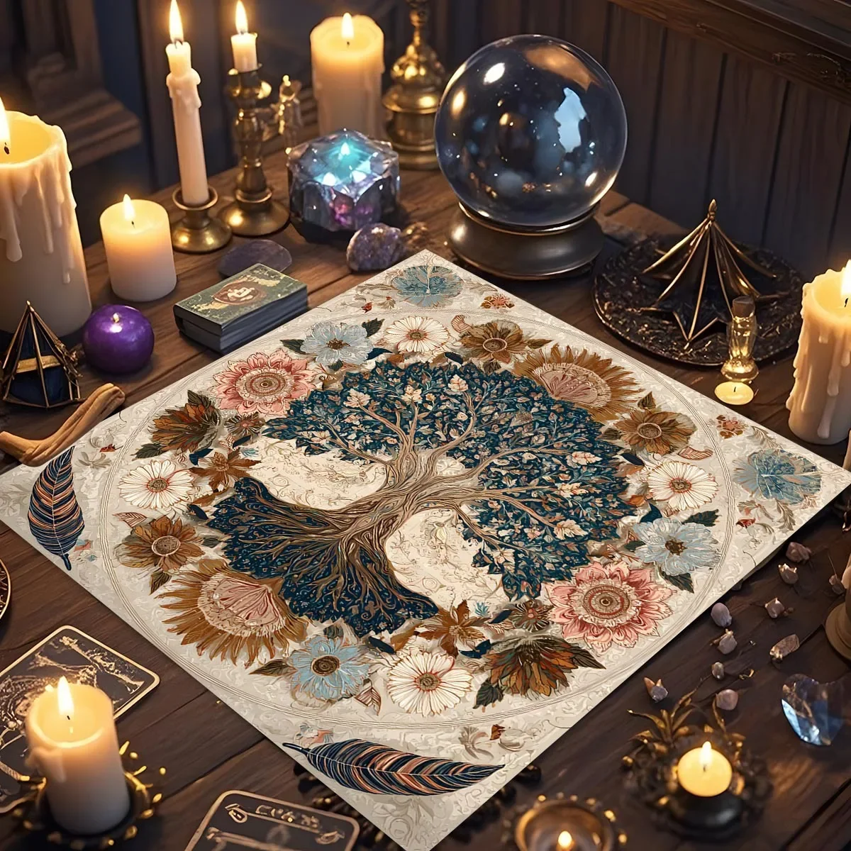 Flower Tree Sacred Wheel Pattern Tarot Tablecloth Stain Resistant Durable Universal Tablecloth For Tarot Meditation Rituals
