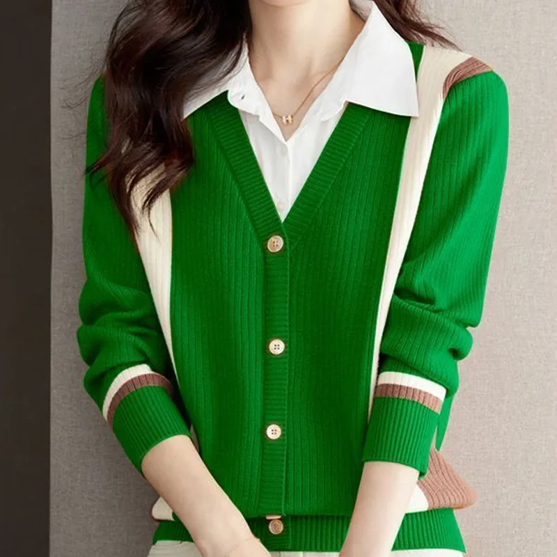 

Fake Two Pieces Polo-Neck Knitting Top Tee Ladies Fashion Korean Patchwork Bottoming Shirt Loose Oversized Casual Trend Top Tee
