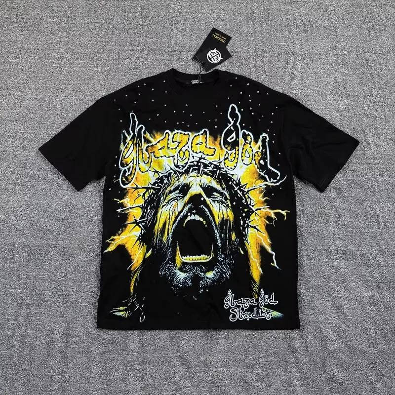 Europe America Trend Glaza God T-shirt Rhinestone Letter Printed Short Sleeve Retro Casual Unisex High Quality T Shirt