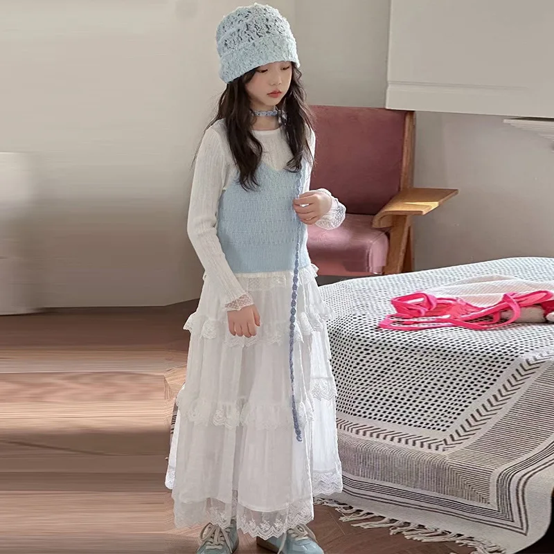 

Teenager Girls 3pcs Outfit Autumn Round Neck Undershirt+Knitted Vest+Lace Skirt Junior Girls Sets Kids Girls Fashion Suits
