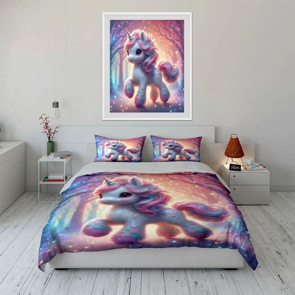 Adorable Unicorn in Enchanted Forest Duvet Cover Set with 3D Printing Design Soft Polyester Bedding Set All-Season Comfort