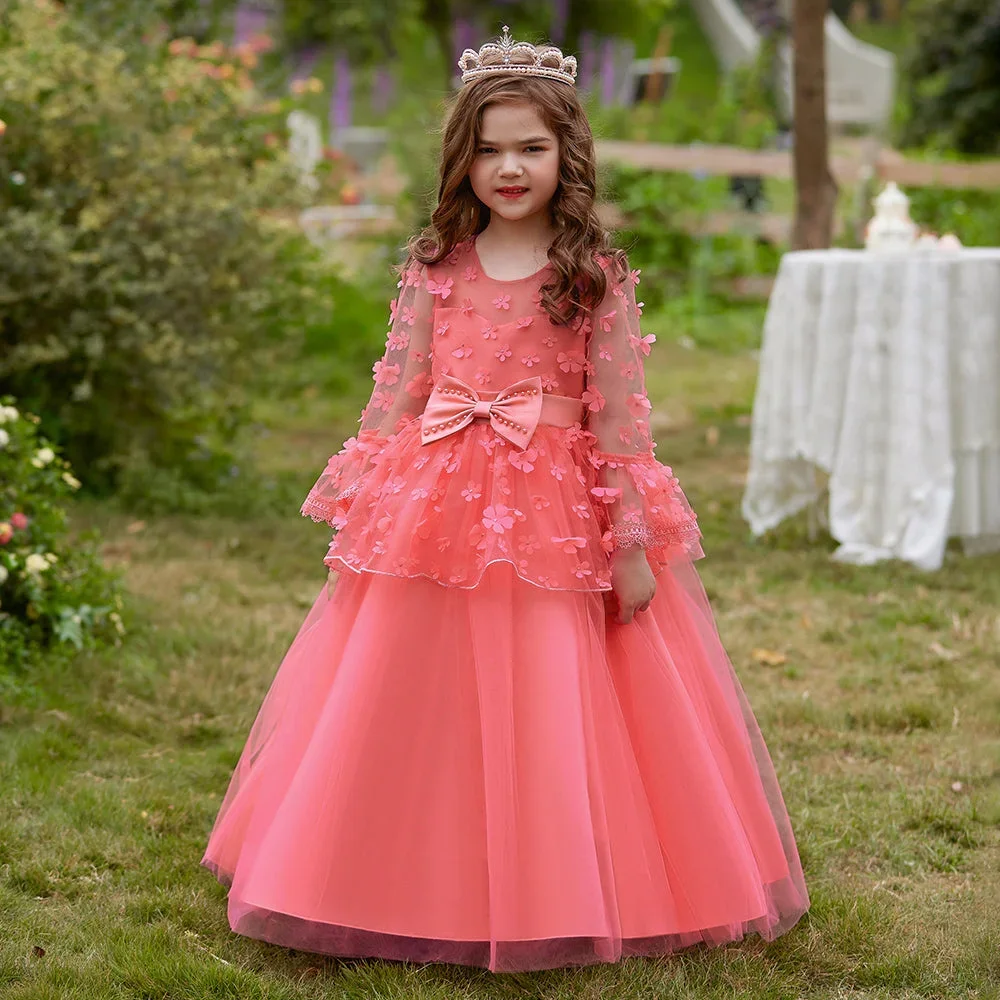 

Flowers Elegant Communion Girl Dress Bow Full Puff Sleeve Floor Length Pleat Classic Pretty Princess Wedding Party Girl Gown