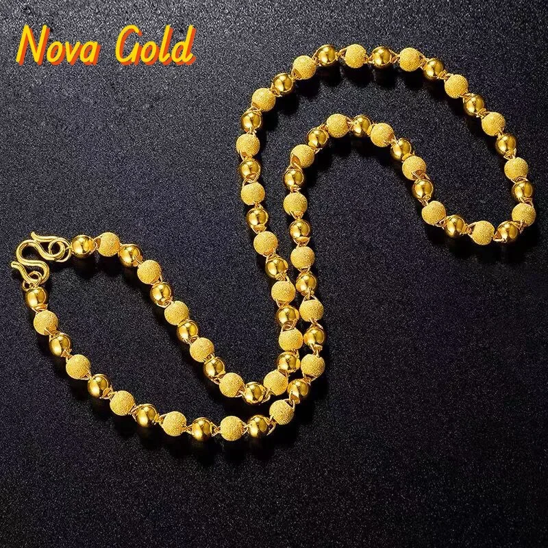 NovaGlod Luxury 24K 9999 Pure Gold real gold Men's and Women's Necklace One Light Sand Ball Chain Frosted Light Bead Necklace