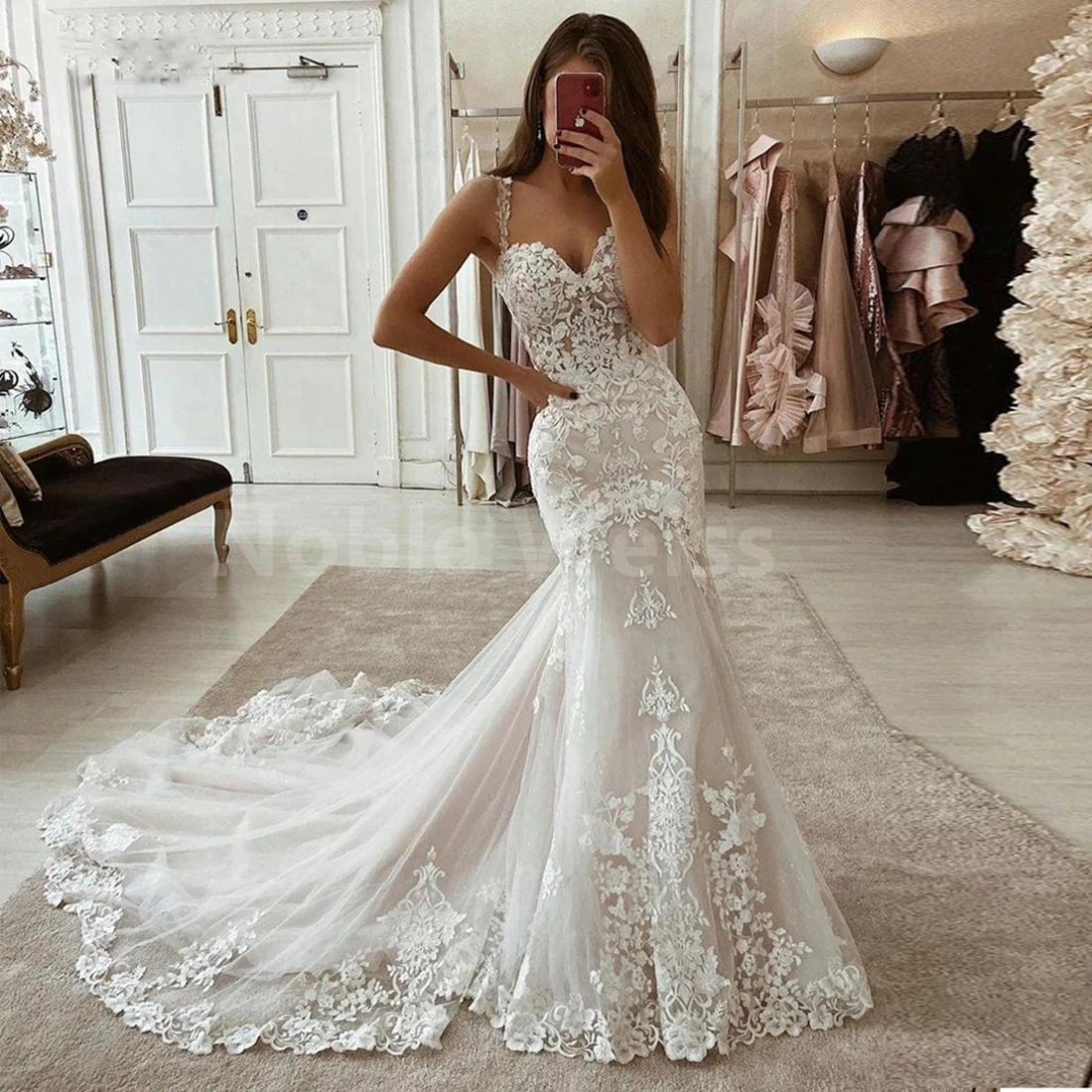 Lace Mermaid Wedding Dress with Court Train and Appliques Wedding Gown Customized