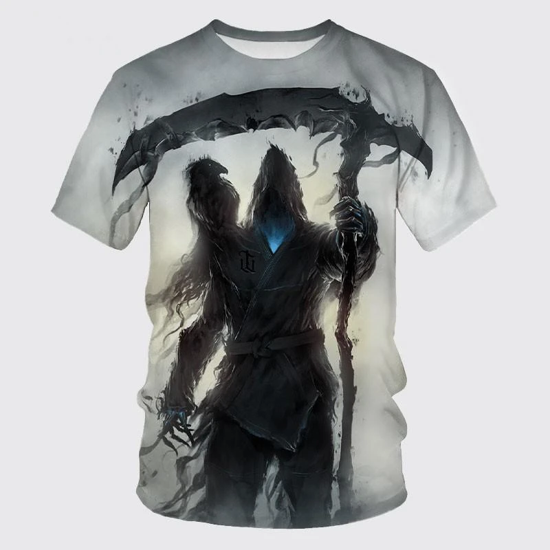 Summer New Fashion Men\'s Skull 3D Printed Short Sleeve T Shirt Crew Neck Fun Gothic Reaper Short Sleeve Top