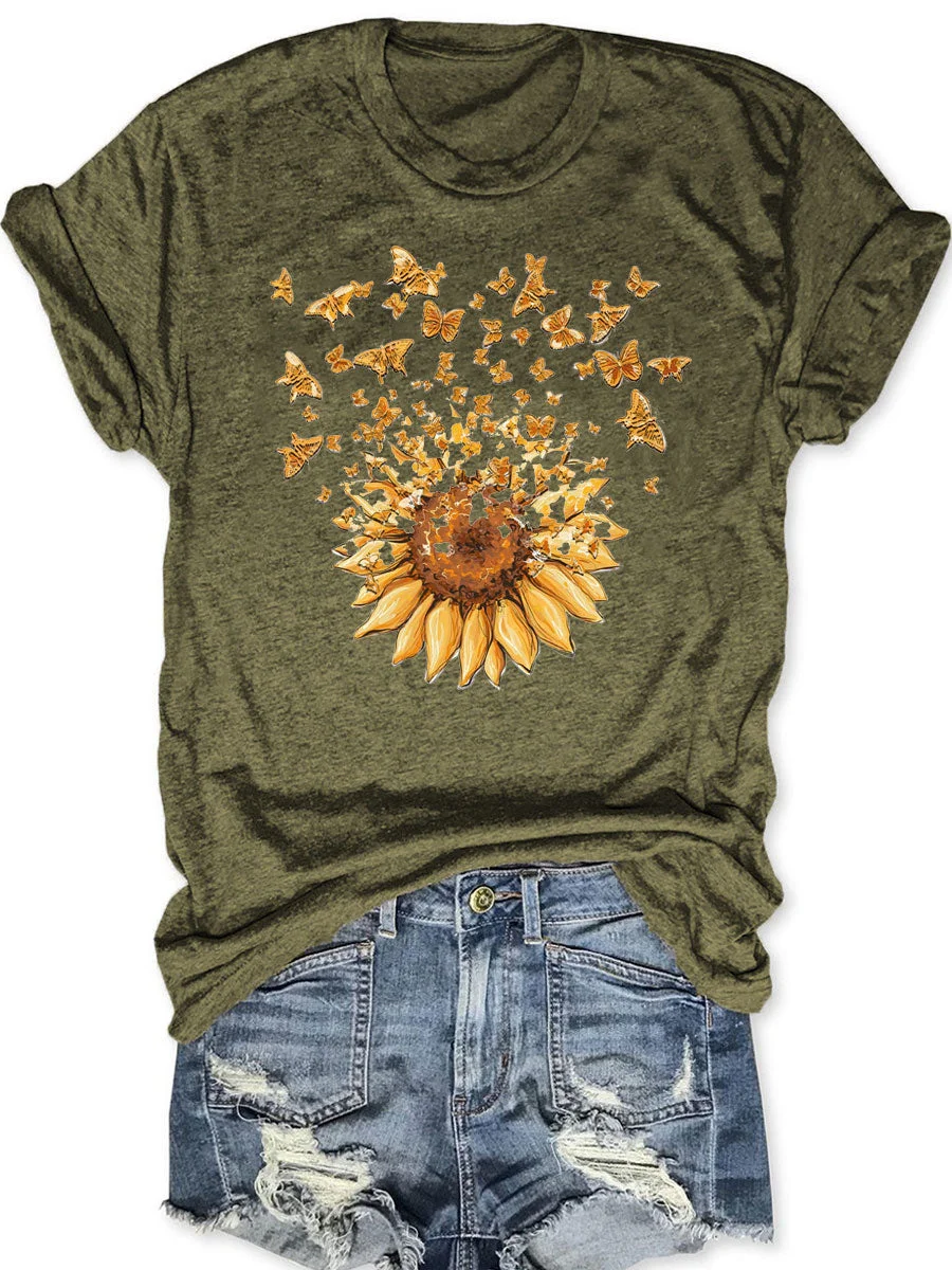 Cartoon Sun Flowers Print Female T-shirt New Vintage Fashion Farm Casual Women Shirt Hot Sale Popular Holiday Comfort Girl Tee