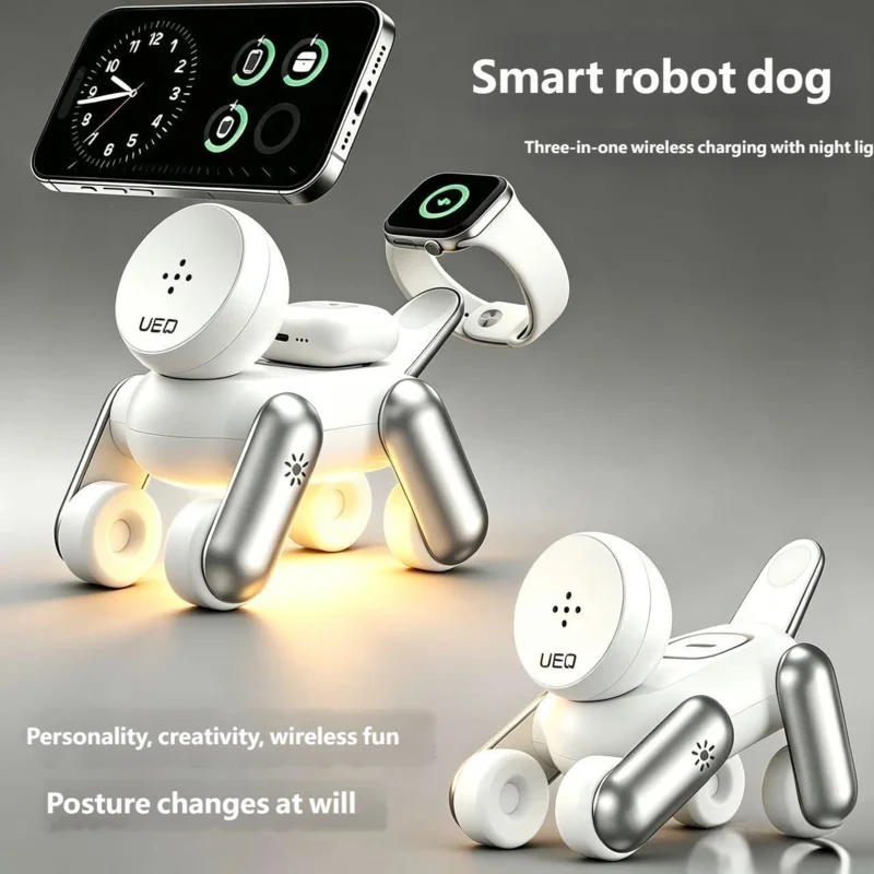 2026 Robot Dog Shape 3 in 1 Magnetic Wireless Charger for iPhone Apple Watch AirPods Desktop Stand