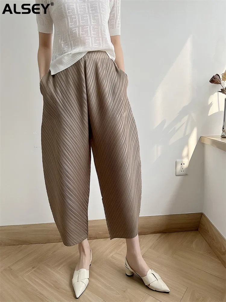 Imagem -03 - Alsey Miyake Calça Plissada Feminina Calça Casual Harlan Solta Perna Larga de Nove Minutos Cor Sólida Elegante Nova 2023