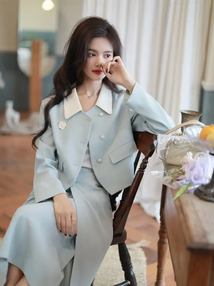 Korea Casual Blazer Outfits Spring Elegant Office Lady Chic Two Piece Sets Long Sleeve Shorts Coat +High Waist Midi Skirts Suit