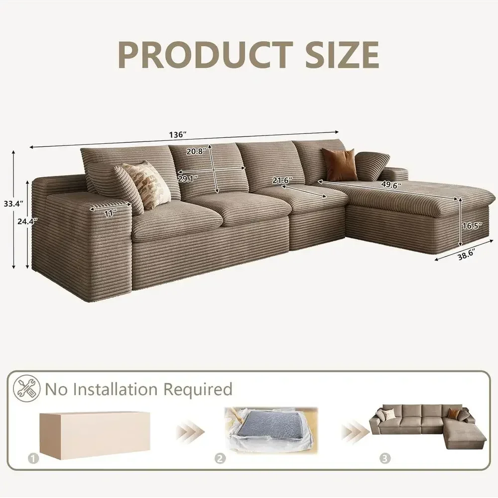 L-Shaped Sectional Couch with Chaise, 136 Deep Seated, Camel Corduroy, Living Room Sofa, No Assembly Needed