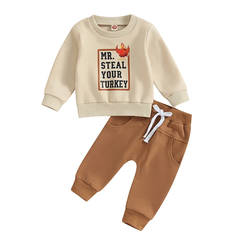 

2Pcs Toddler Boys Thanksgiving Outfits Turkey Letter Print Long Sleeve Sweatshirts and Solid Color Long Pants Clothes Set