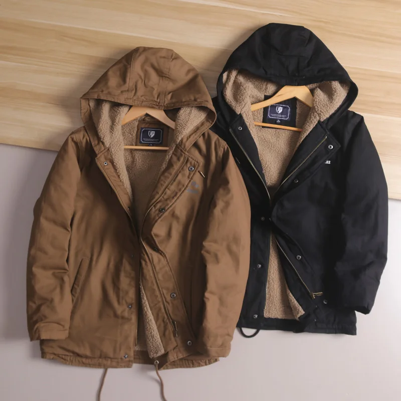

American Retro Thiened Lamb Velvet Men's Autumn Winter Fce Lined Warm Workwear Hooded Cotton Jaet Outerwear