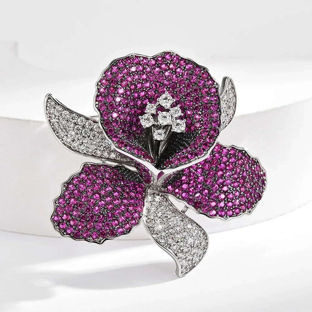 

Luxurious Cubic Zirconia Orchid Flower Brooch Delicate Purple Rhinestone Floral Pins Brooches for Women Valentine's Gift