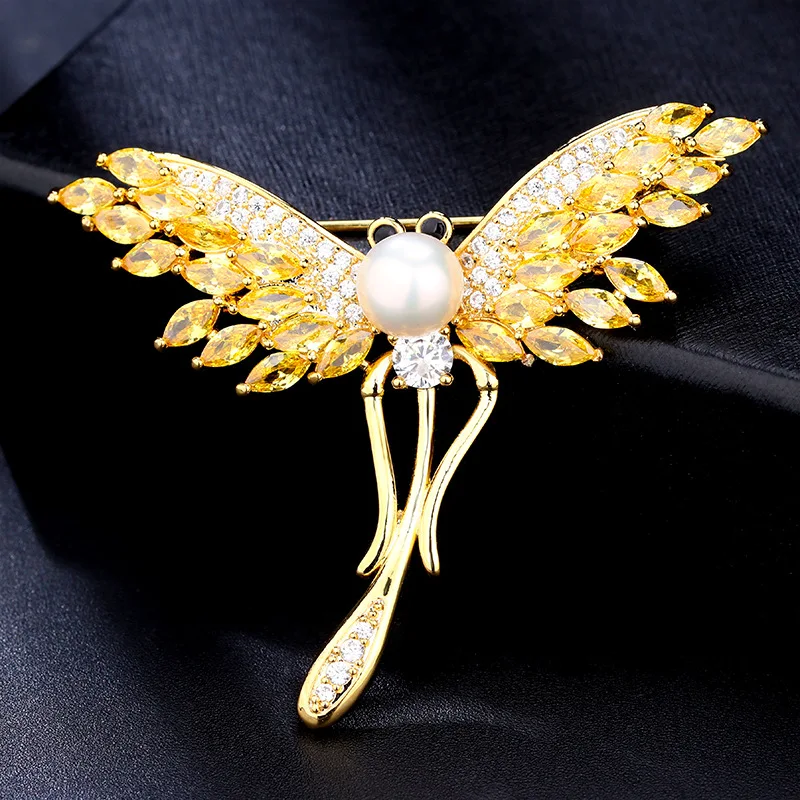 

Trendy Elegant Freshwater Pearl Insect Brooch Yellow Zircon Wing Dragonfly Brooches Pin Fashion Copper Corsage Accessories Women