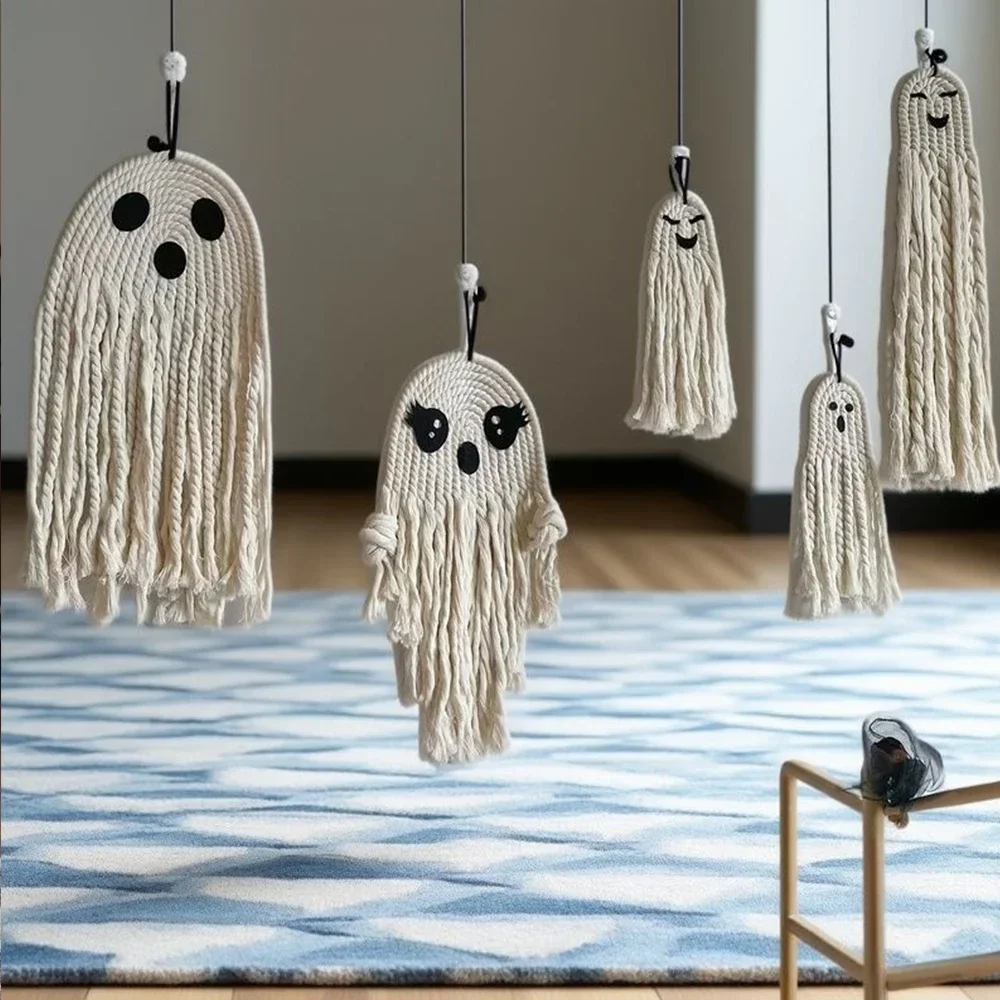Halloween Decoration White Ghost Hand-woven Hanging Ornaments Ins Wind Ghost Festival Party Cotton Rope Hanging