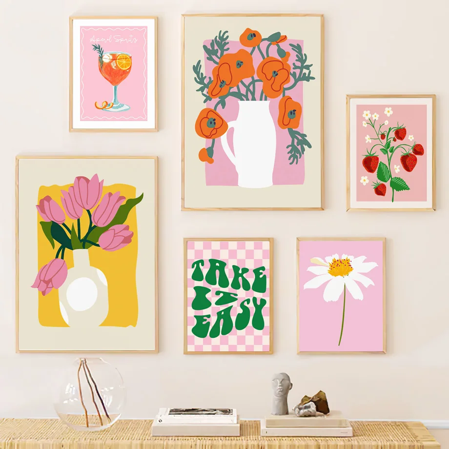

Fruit Cocktails Tulips Vase Checkered Retro Wall Art Canvas Painting Posters And Prints Wall Pictures For Living Room Decor