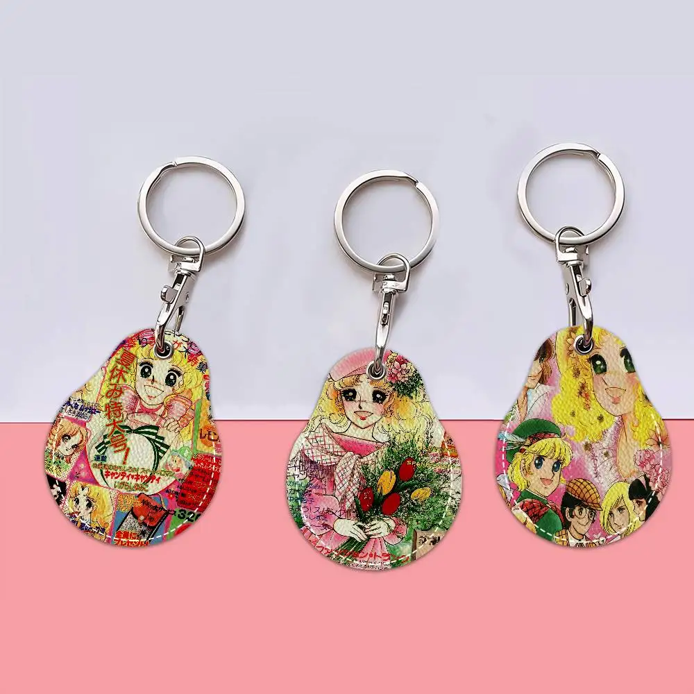 Candy Candy Anime 1PCS PU Leather Keychain Protective Case Door Lock Access Control Tags Card Bag Key Tag Ring