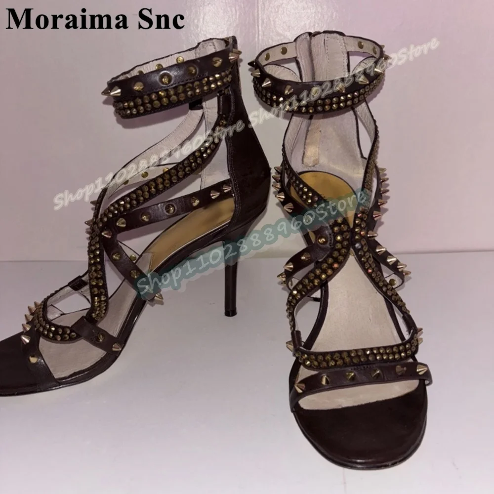 

Sexy Black Leather Narrow Rivets Crystals Strap Sandals Stilettos High Heel Shoes For Women Back Zipper Open Toe Stylish Sandals