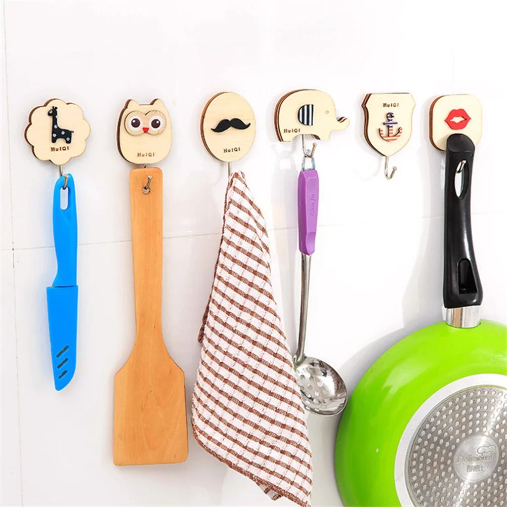 5pcs Cartoon Adhesive Hooks Bathroom Kitchen Wooden Wall Hooks No Nail Sticky Hangers Reusable Utility Towel Bath Ceiling Hooks(