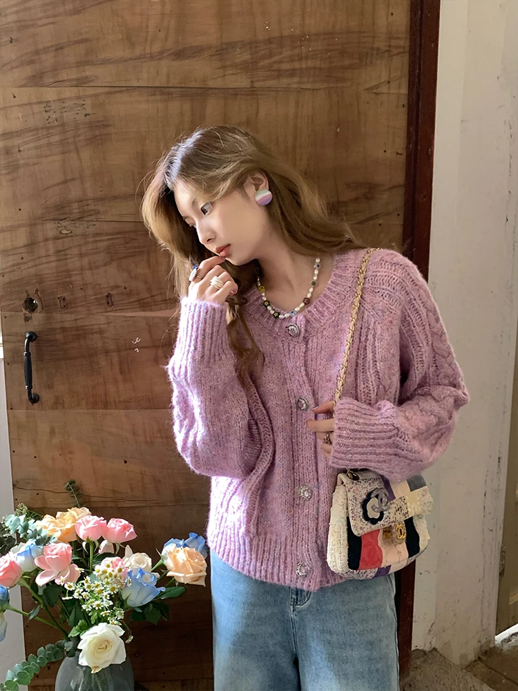 

Soft Cozy Women's Knitted Sweater Jaet Loose Fit Retro Color Dot Pattern New Autumn Sle Single Button round Ne Long Sve